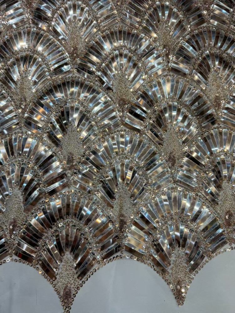 Luxury Art‑Deco Fan Shape Sequin Rhinestone Lace Fabric 5 Yards | Continuous Metallic Fan‑Scallop Embroidery Tulle for Couture Asoebi & Red‑Carpet Gown