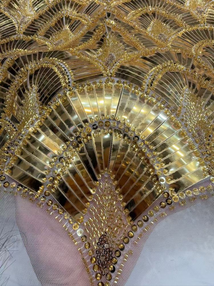 Luxury Art‑Deco Fan Shape Sequin Rhinestone Lace Fabric 5 Yards | Continuous Metallic Fan‑Scallop Embroidery Tulle for Couture Asoebi & Red‑Carpet Gown