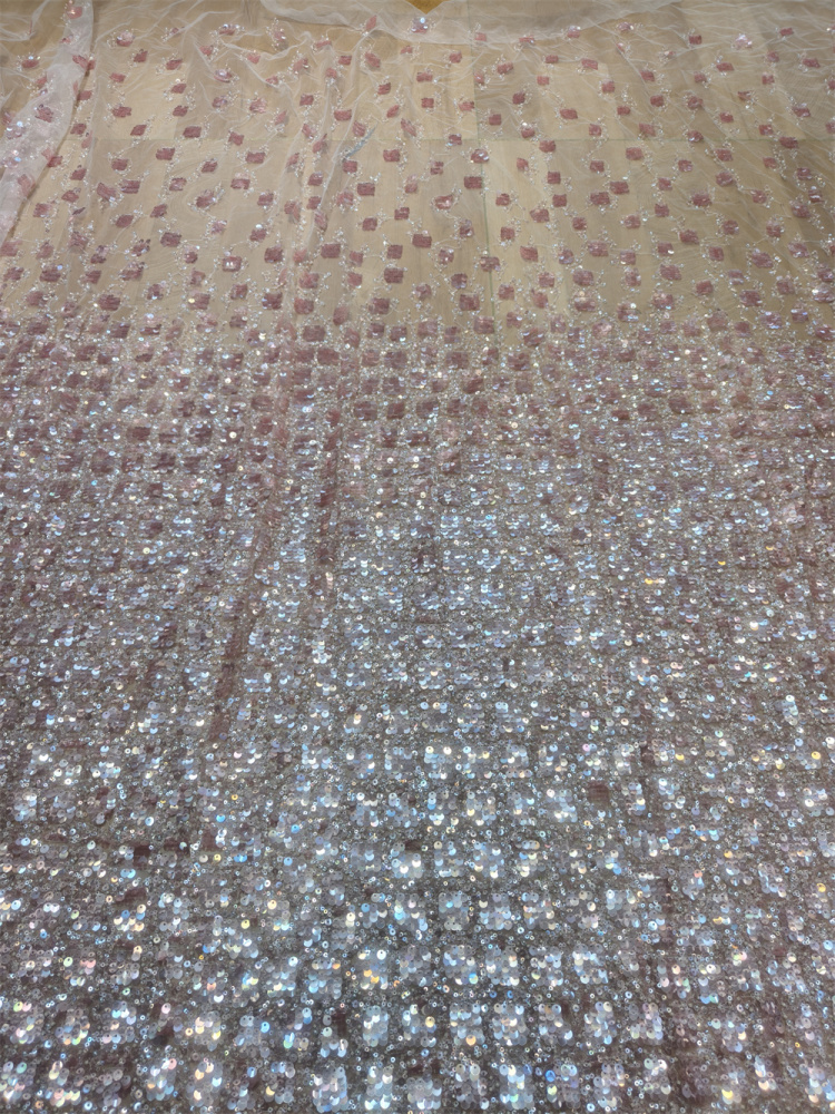 Blush Pink Iridescent Gradient Sequin Beaded Tulle Lace Fabric 5 Yards, Square Pattern Sparkle Mesh for Bridal Gown & Soft Asoebi Dress