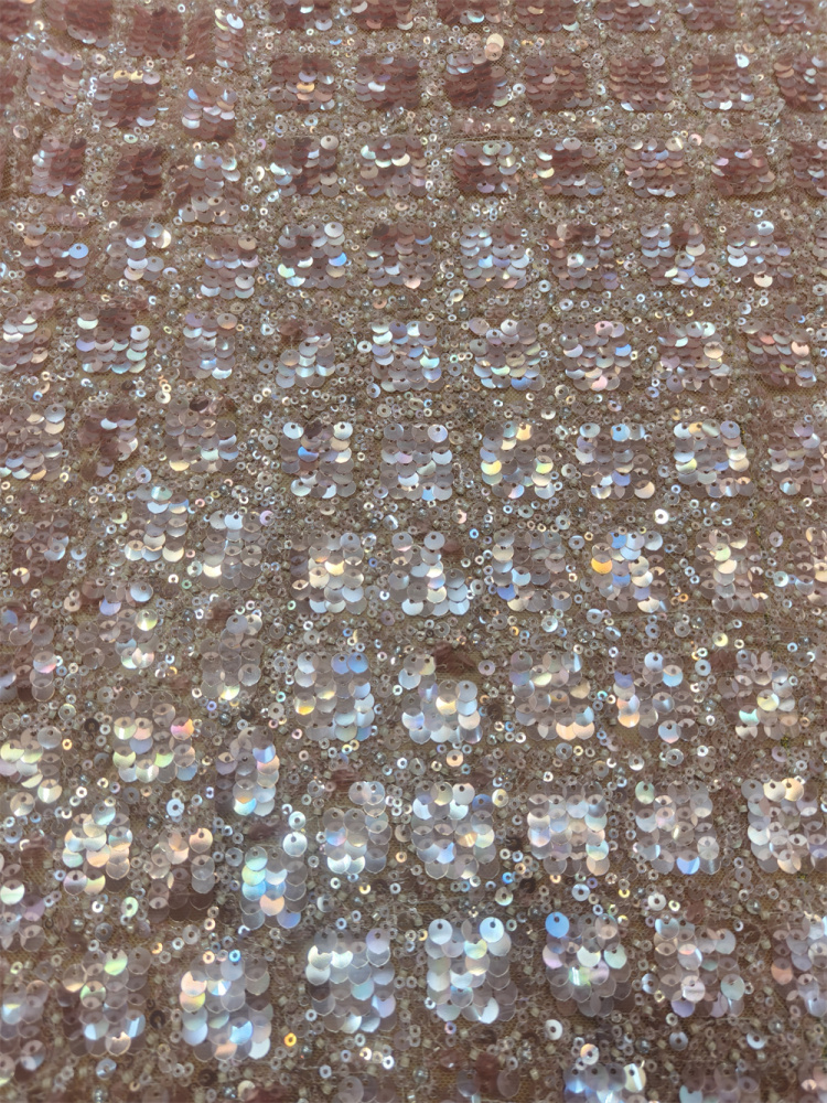 Blush Pink Iridescent Gradient Sequin Beaded Tulle Lace Fabric 5 Yards, Square Pattern Sparkle Mesh for Bridal Gown & Soft Asoebi Dress