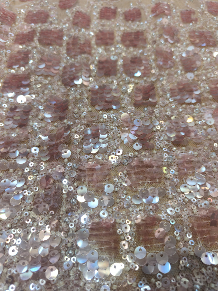 Blush Pink Iridescent Gradient Sequin Beaded Tulle Lace Fabric 5 Yards, Square Pattern Sparkle Mesh for Bridal Gown & Soft Asoebi Dress