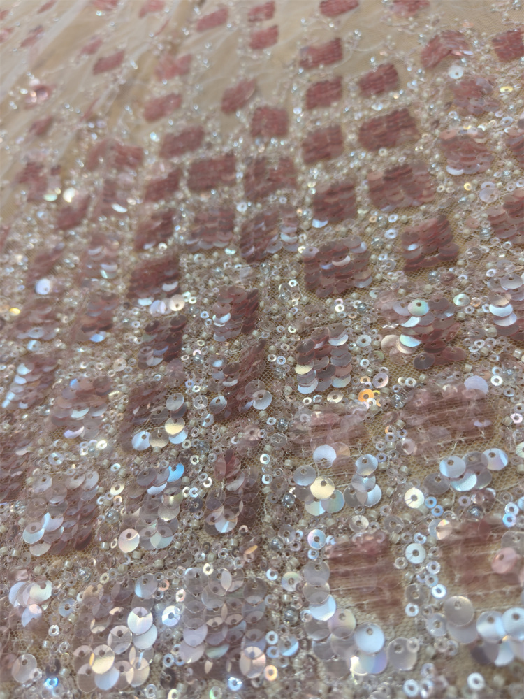 Blush Pink Iridescent Gradient Sequin Beaded Tulle Lace Fabric 5 Yards, Square Pattern Sparkle Mesh for Bridal Gown & Soft Asoebi Dress