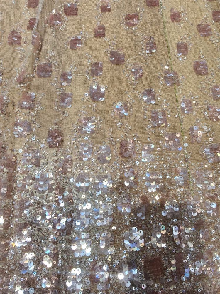 Blush Pink Iridescent Gradient Sequin Beaded Tulle Lace Fabric 5 Yards, Square Pattern Sparkle Mesh for Bridal Gown & Soft Asoebi Dress