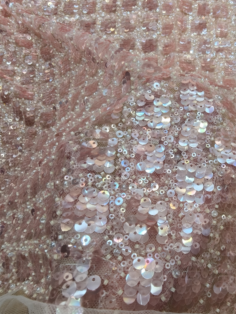 Blush Pink Iridescent Gradient Sequin Beaded Tulle Lace Fabric 5 Yards, Square Pattern Sparkle Mesh for Bridal Gown & Soft Asoebi Dress