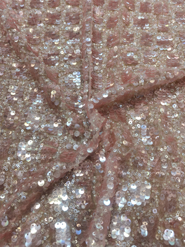 Blush Pink Iridescent Gradient Sequin Beaded Tulle Lace Fabric 5 Yards, Square Pattern Sparkle Mesh for Bridal Gown & Soft Asoebi Dress