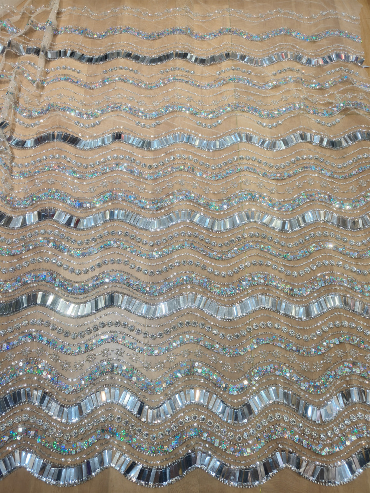 Luxury Art Deco Fan Shape Mirror Sequin Rhinestone Embroidery Tulle Lace Fabric 5 Yards, Continuous Fan Scallop Pattern for Couture Asoebi Evening Gown
