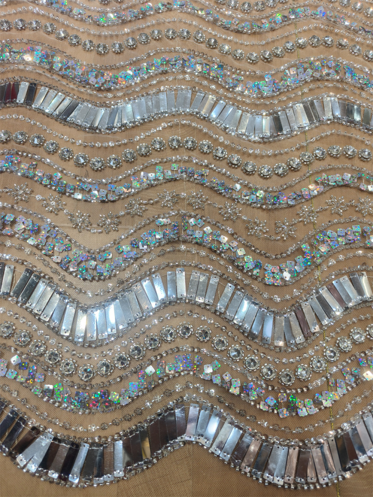 Luxury Art Deco Fan Shape Mirror Sequin Rhinestone Embroidery Tulle Lace Fabric 5 Yards, Continuous Fan Scallop Pattern for Couture Asoebi Evening Gown