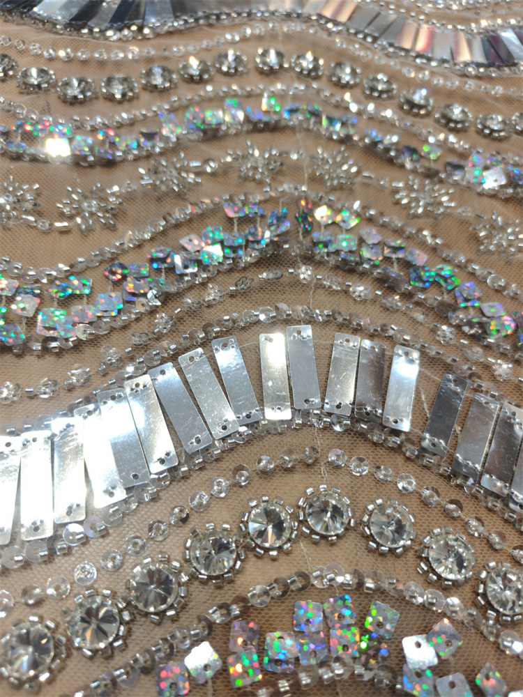 Luxury Art Deco Fan Shape Mirror Sequin Rhinestone Embroidery Tulle Lace Fabric 5 Yards, Continuous Fan Scallop Pattern for Couture Asoebi Evening Gown