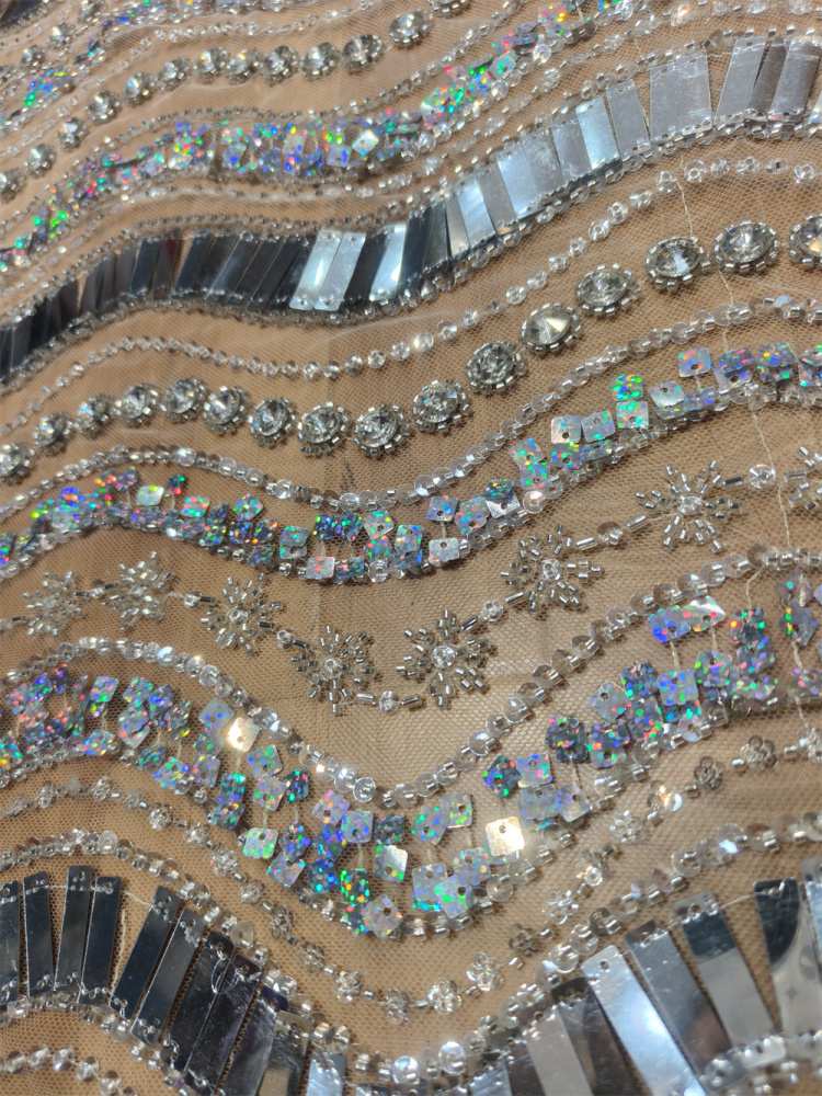 Luxury Art Deco Fan Shape Mirror Sequin Rhinestone Embroidery Tulle Lace Fabric 5 Yards, Continuous Fan Scallop Pattern for Couture Asoebi Evening Gown