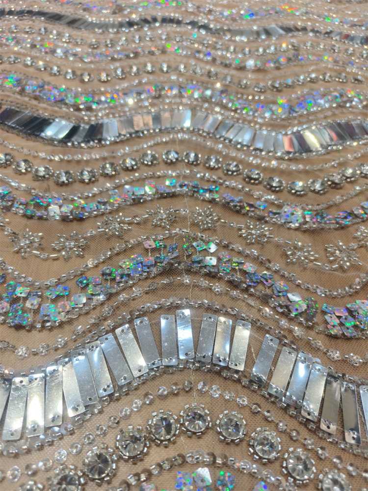Luxury Art Deco Fan Shape Mirror Sequin Rhinestone Embroidery Tulle Lace Fabric 5 Yards, Continuous Fan Scallop Pattern for Couture Asoebi Evening Gown