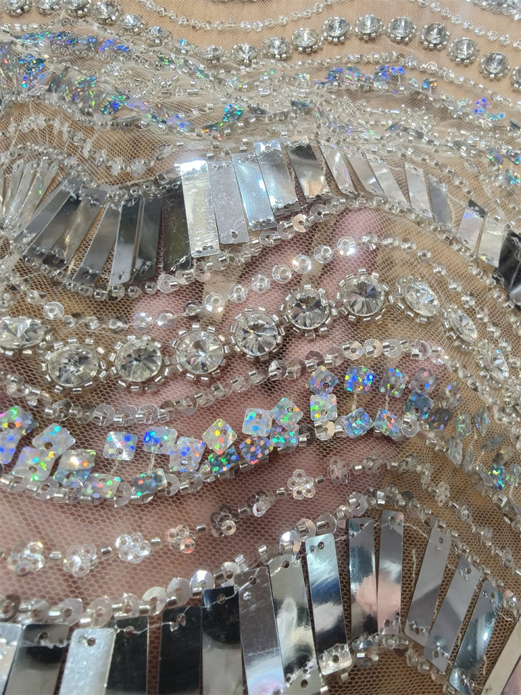 Luxury Art Deco Fan Shape Mirror Sequin Rhinestone Embroidery Tulle Lace Fabric 5 Yards, Continuous Fan Scallop Pattern for Couture Asoebi Evening Gown