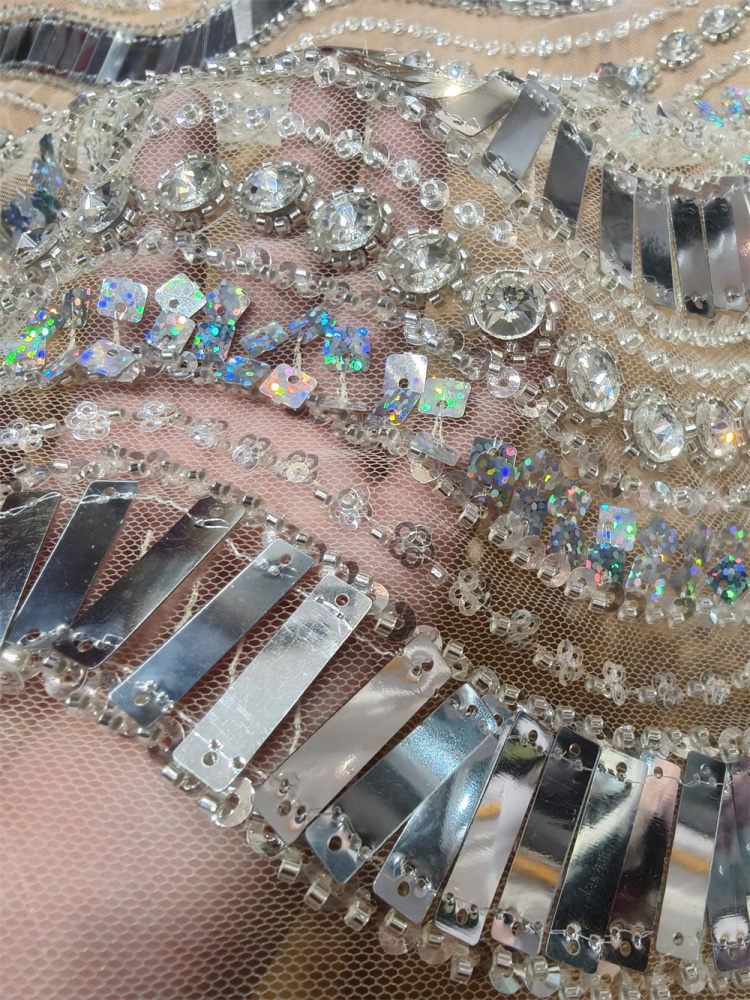 Luxury Art Deco Fan Shape Mirror Sequin Rhinestone Embroidery Tulle Lace Fabric 5 Yards, Continuous Fan Scallop Pattern for Couture Asoebi Evening Gown