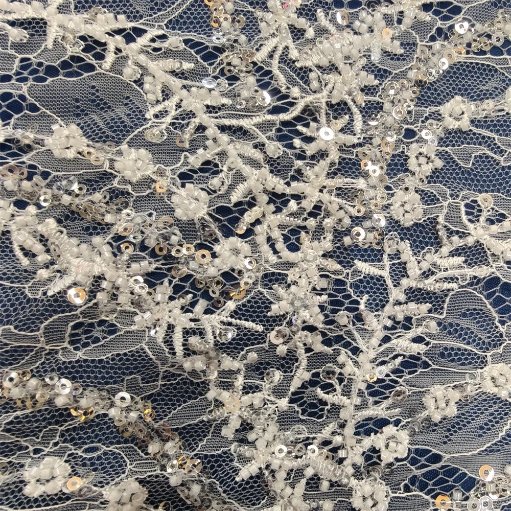 Handmade Fashion Design Embroidery Net Lace with Ivory White Beads And Sequins for Wedding Party Dress High Quality