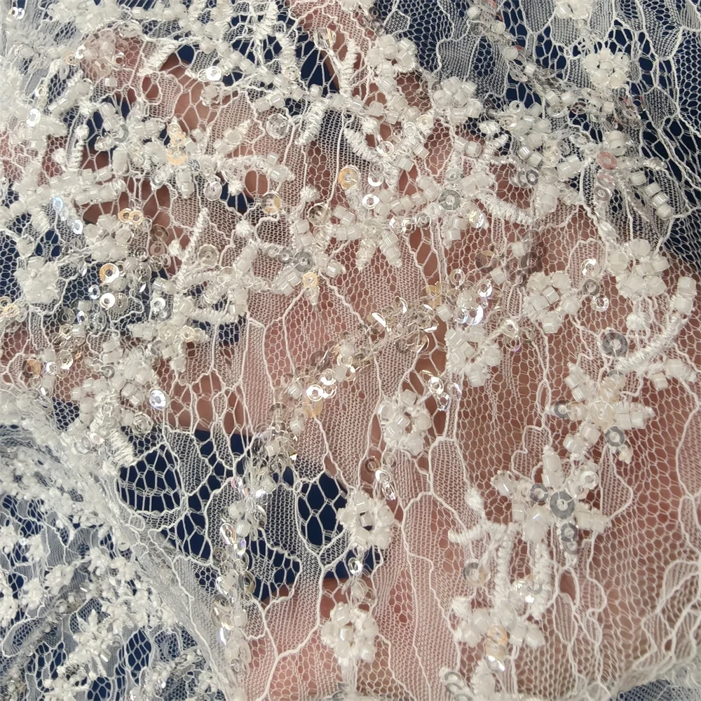 Handmade Fashion Design Embroidery Net Lace with Ivory White Beads And Sequins for Wedding Party Dress High Quality