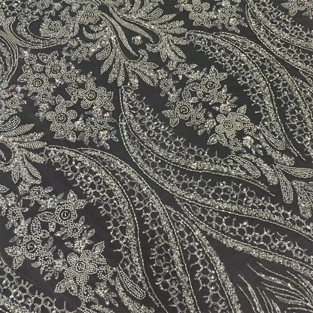 Handmade Embroidery Net Lace with Crystal Sequins Transparent Silver Beads for Wedding Party Dresses High-Quality Beauti