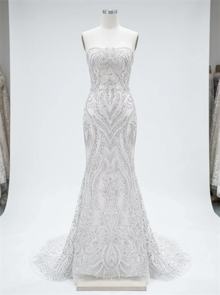 Handmade Embroidery Net Lace with Crystal Sequins Transparent Silver Beads for Wedding Party Dresses High-Quality Beauti