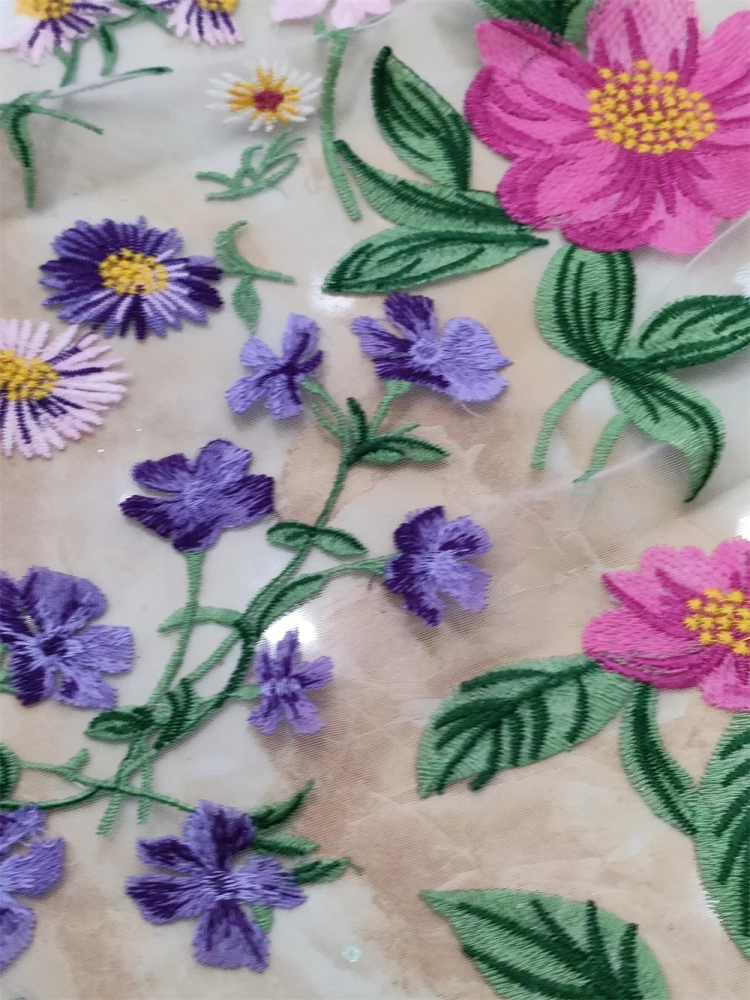 OWSM New Spring Flower Design Bright-Coloured Embroidered Net Lace Fabric Lace For Party Evening Dress