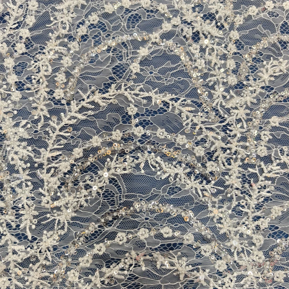 Handmade Fashion Design Embroidery Net Lace with Ivory White Beads And Sequins for Wedding Party Dress High Quality