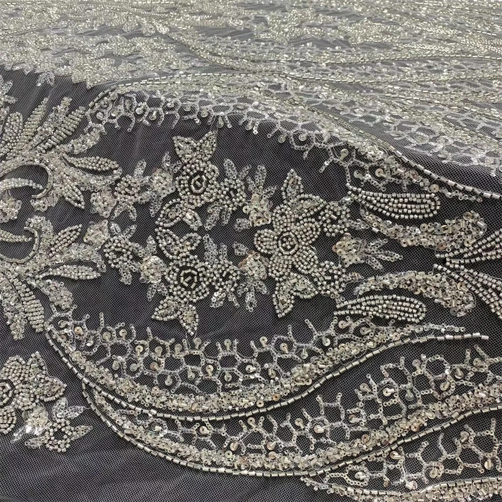 Handmade Embroidery Net Lace with Crystal Sequins Transparent Silver Beads for Wedding Party Dresses High-Quality Beauti