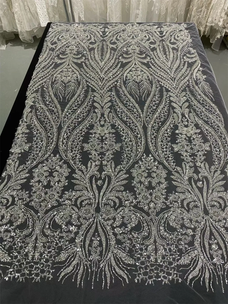 Handmade Embroidery Net Lace with Crystal Sequins Transparent Silver Beads for Wedding Party Dresses High-Quality Beauti