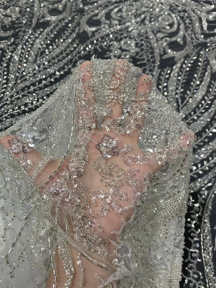 Handmade Embroidery Net Lace with Crystal Sequins Transparent Silver Beads for Wedding Party Dresses High-Quality Beauti