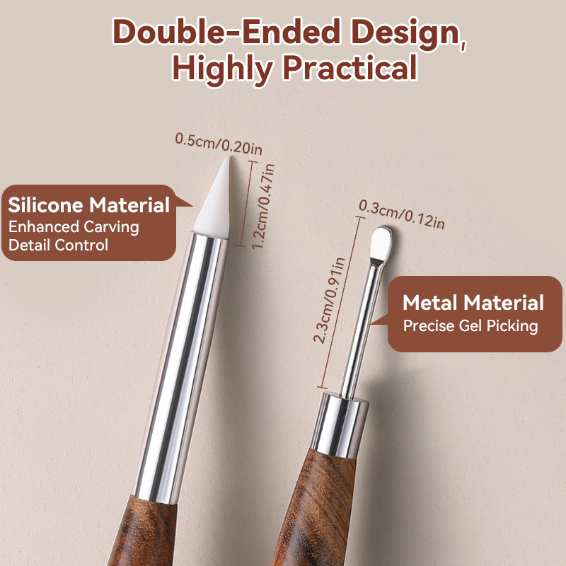 Dual-Ended Nail Art Dotting Tool Silicone Wax Tip Rhinestone Picker Wooden Handle