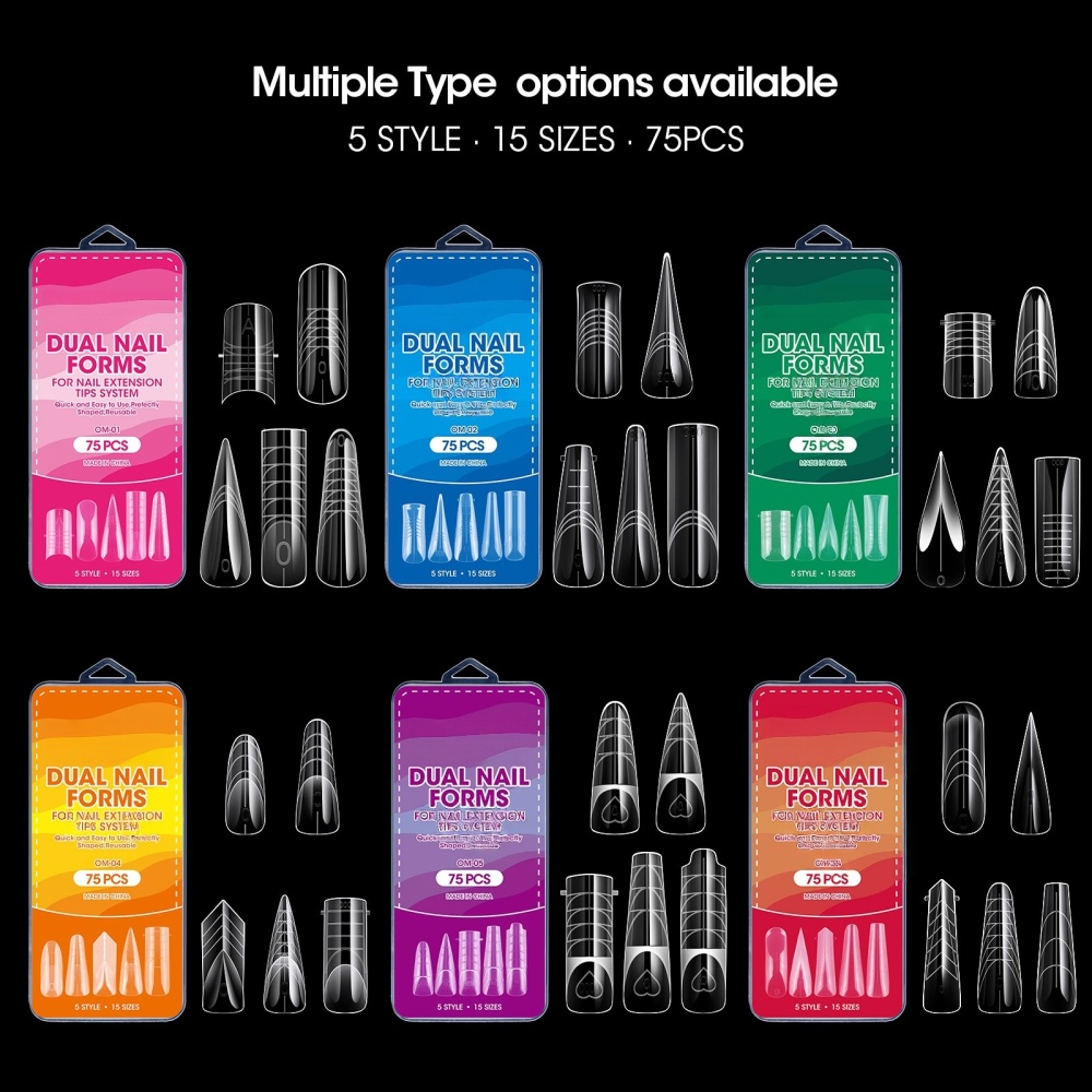 75pcs/box Mix Styles Dual Nail Forms Crystal Transparent Quick Builder Gel Extension Molds for Nail Salon