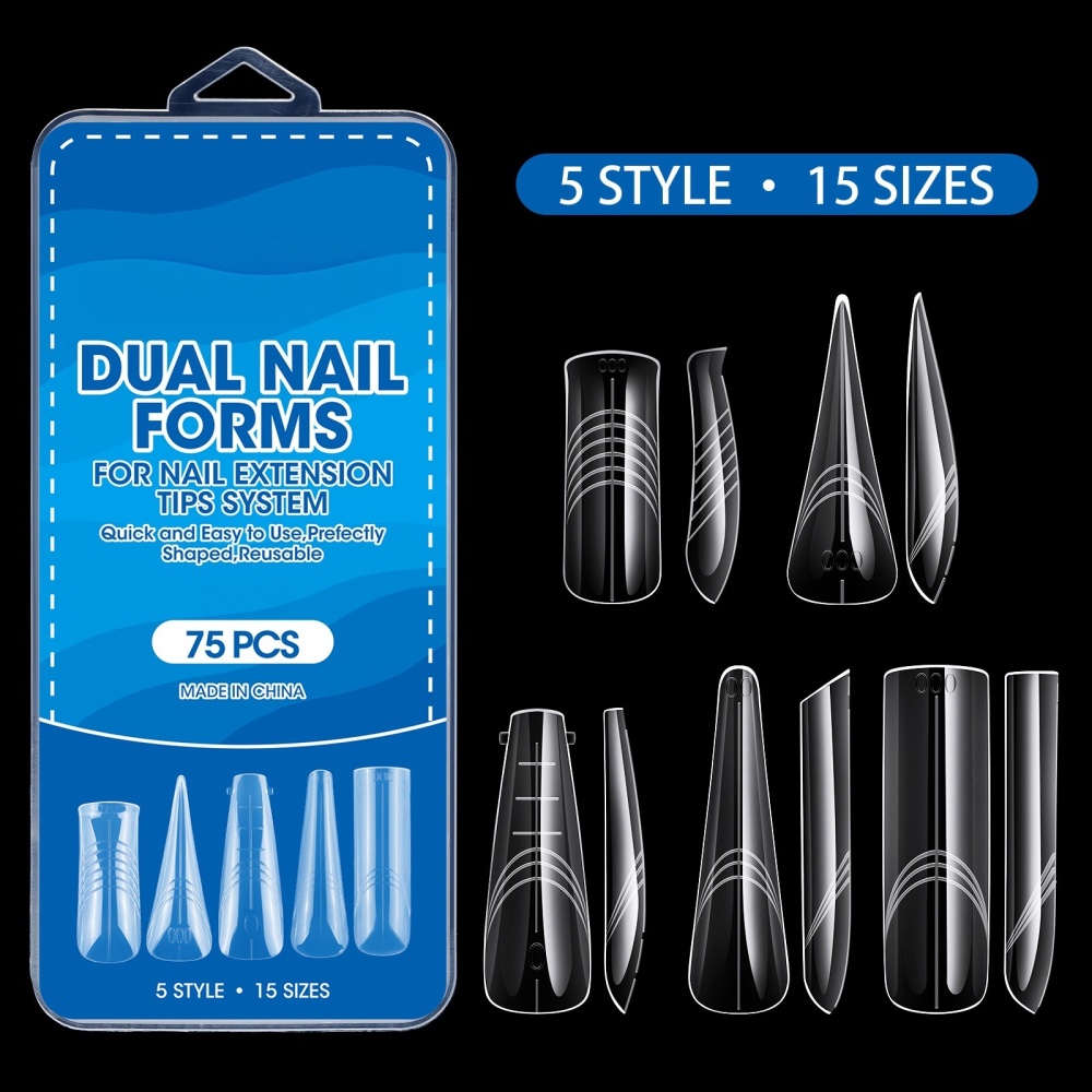 75pcs/box Mix Styles Dual Nail Forms Crystal Transparent Quick Builder Gel Extension Molds for Nail Salon
