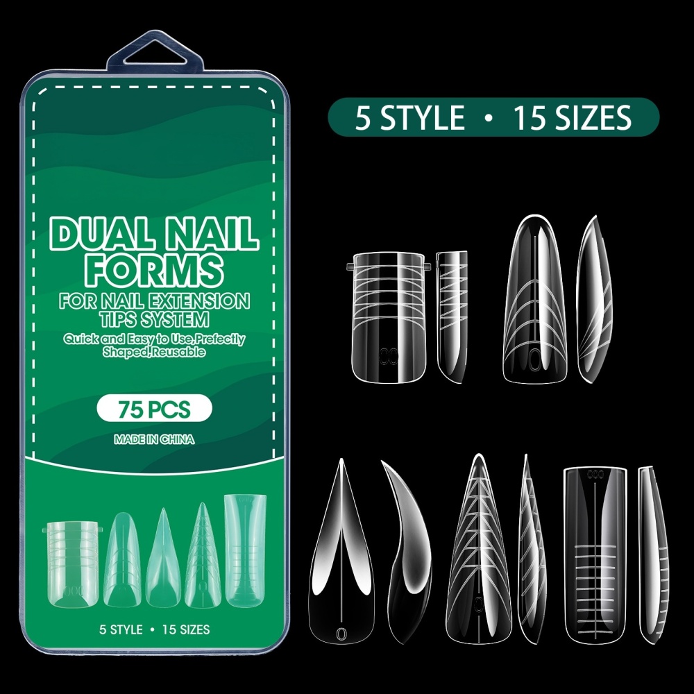 75pcs/box Mix Styles Dual Nail Forms Crystal Transparent Quick Builder Gel Extension Molds for Nail Salon