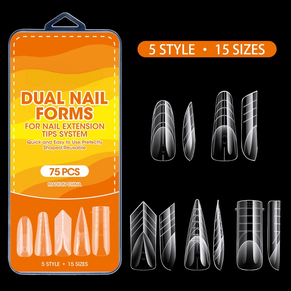 75pcs/box Mix Styles Dual Nail Forms Crystal Transparent Quick Builder Gel Extension Molds for Nail Salon