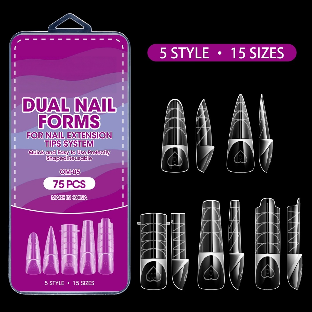 75pcs/box Mix Styles Dual Nail Forms Crystal Transparent Quick Builder Gel Extension Molds for Nail Salon