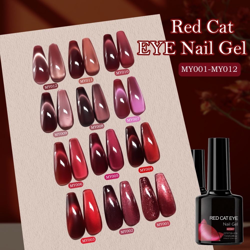 Red Cat Eye Gel Polish in 12 Colors with Rich Dimensional Magnetic Shimmer Effect for Professional Manicure, Nail Art and Salon Wholesale