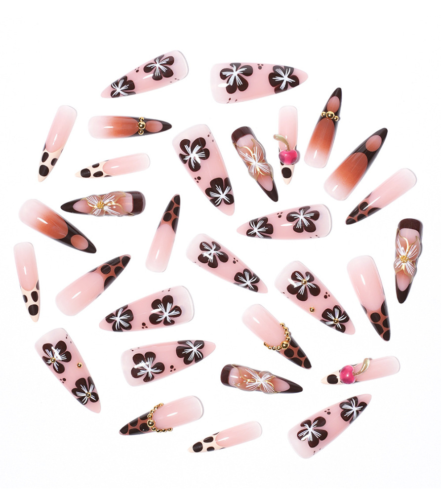 3D Y2K Press-On Nails with Handmade Cherry & Floral Decorations