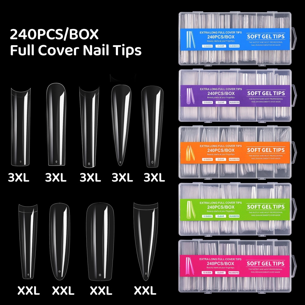 240Pcs Soft Gel Nail Tips Full Cover, 3XL XXL Extra Long Clear Acrylic Press On Nails, 12 Sizes Fake Nail Extensions Kit with Box