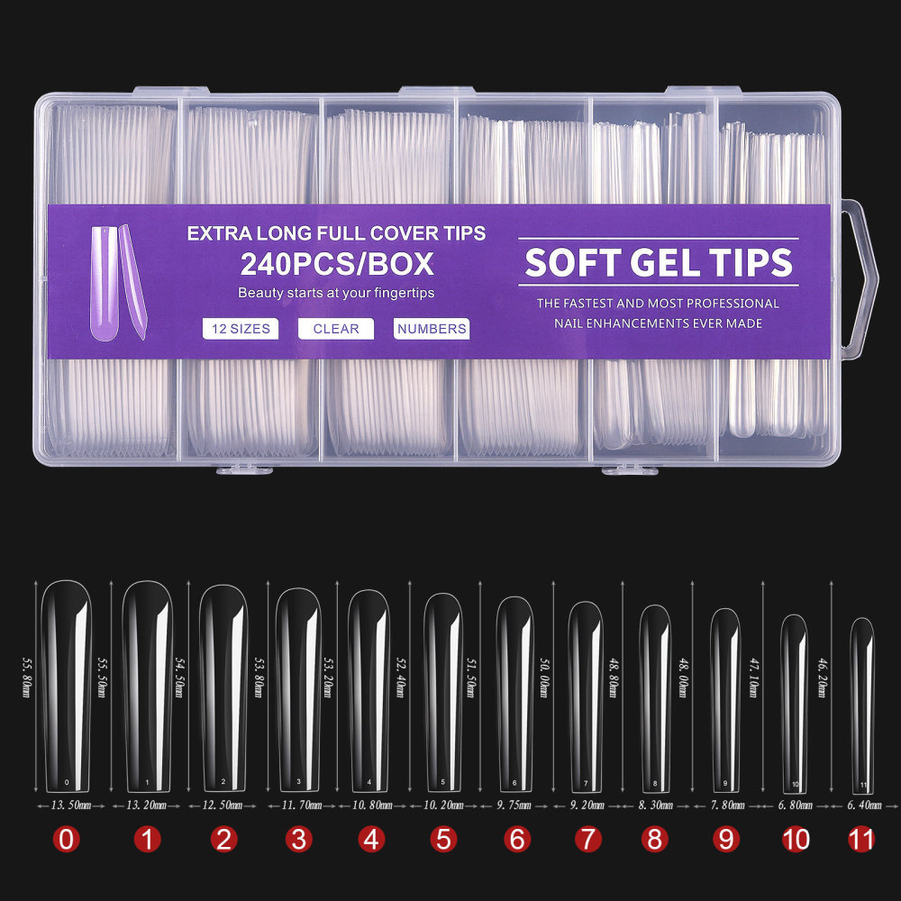 240Pcs Soft Gel Nail Tips Full Cover, 3XL XXL Extra Long Clear Acrylic Press On Nails, 12 Sizes Fake Nail Extensions Kit with Box
