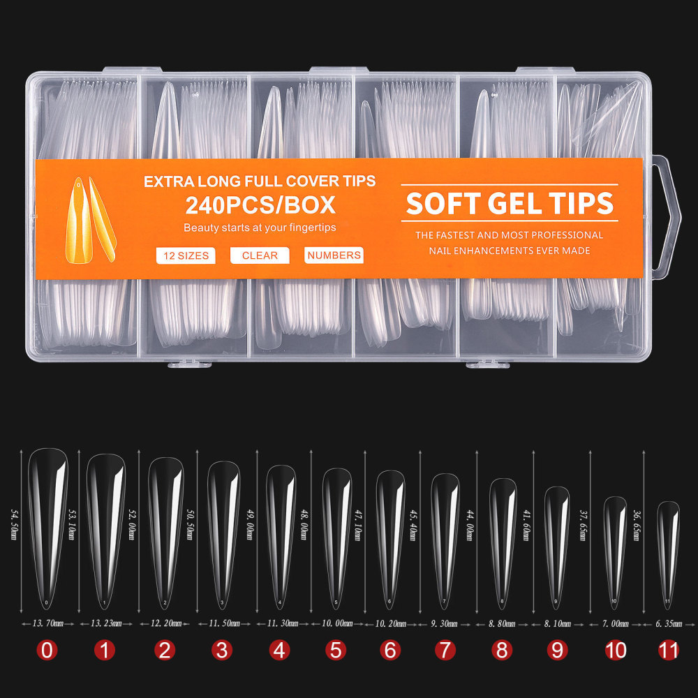 240Pcs Soft Gel Nail Tips Full Cover, 3XL XXL Extra Long Clear Acrylic Press On Nails, 12 Sizes Fake Nail Extensions Kit with Box