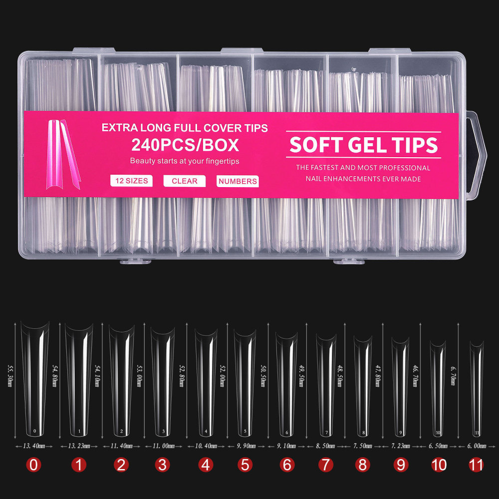 240Pcs Soft Gel Nail Tips Full Cover, 3XL XXL Extra Long Clear Acrylic Press On Nails, 12 Sizes Fake Nail Extensions Kit with Box
