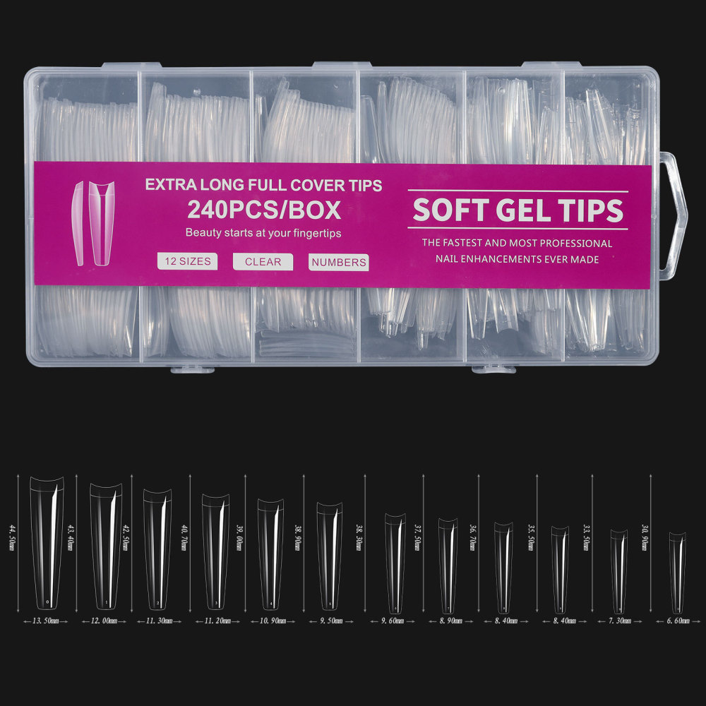 240Pcs Soft Gel Nail Tips Full Cover, 3XL XXL Extra Long Clear Acrylic Press On Nails, 12 Sizes Fake Nail Extensions Kit with Box
