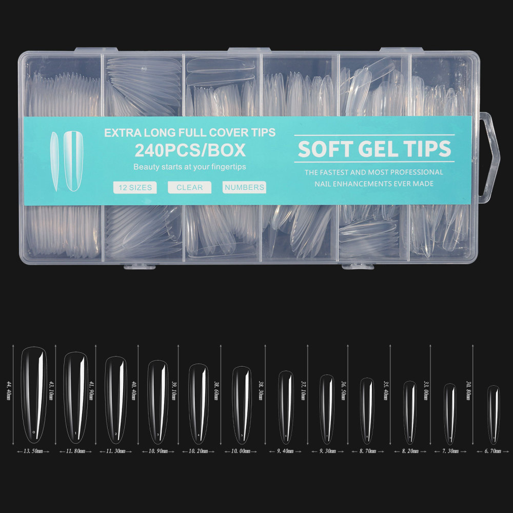 240Pcs Soft Gel Nail Tips Full Cover, 3XL XXL Extra Long Clear Acrylic Press On Nails, 12 Sizes Fake Nail Extensions Kit with Box