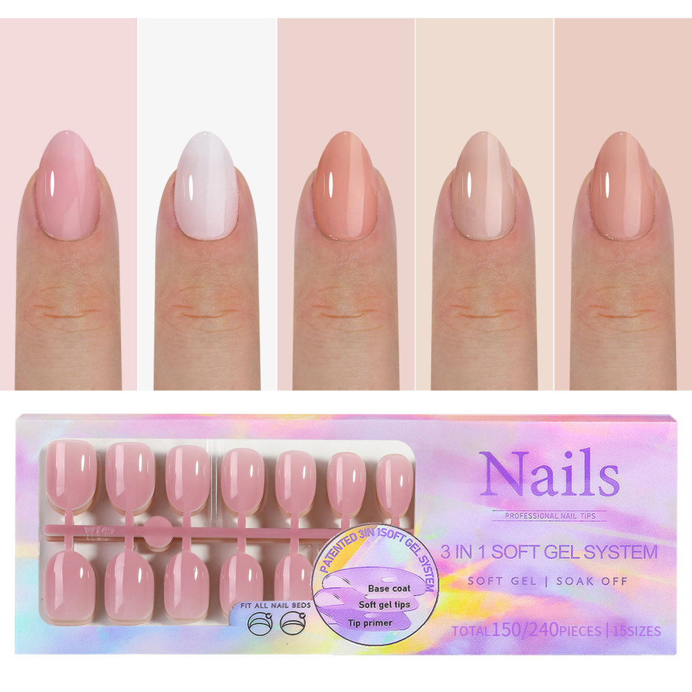 3-in-1 Soft Gel Nail Tips with 15 Sizes and 8 Shapes for Press-On Nails