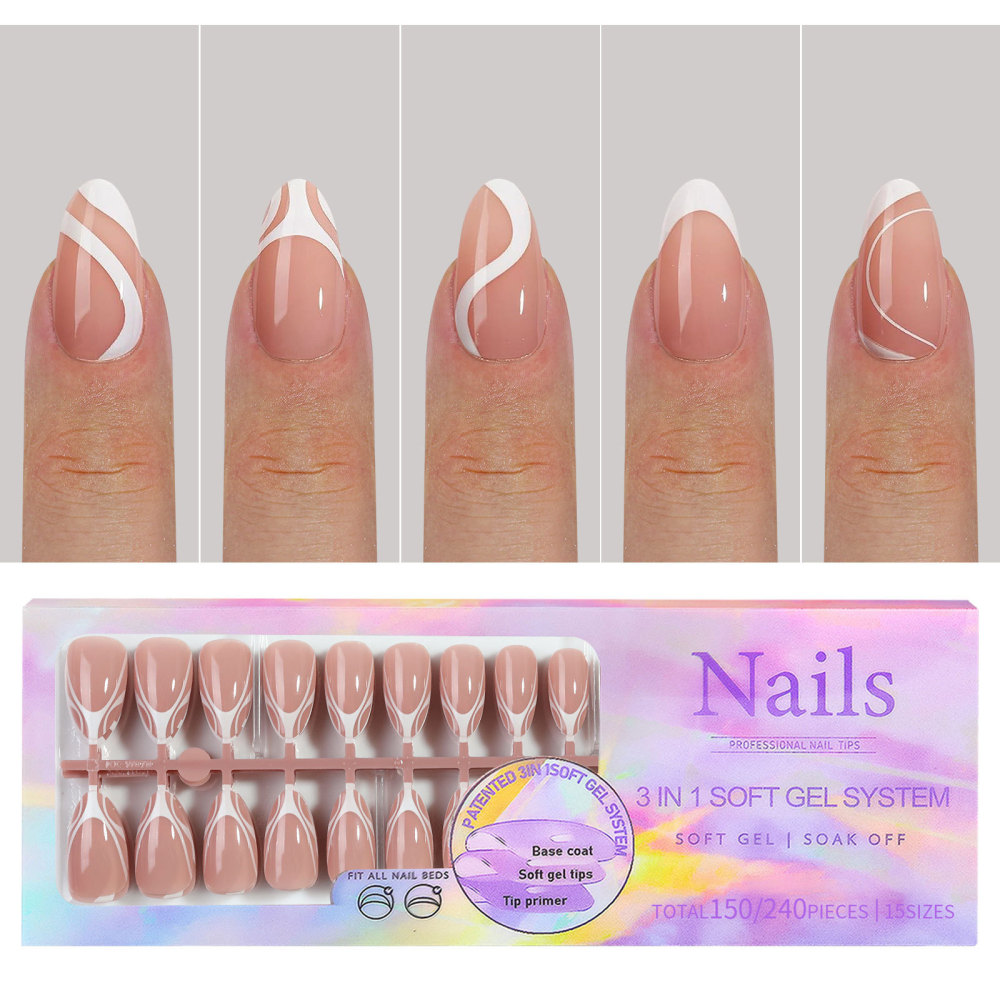 Sheer Nude Soft Gel French Press-On Nail Tips with Wave Design