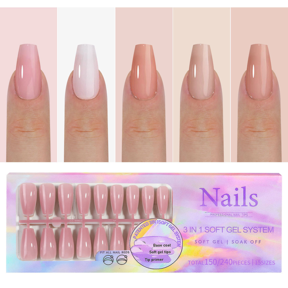3-in-1 Soft Gel Nail Tips with 15 Sizes and 8 Shapes for Press-On Nails