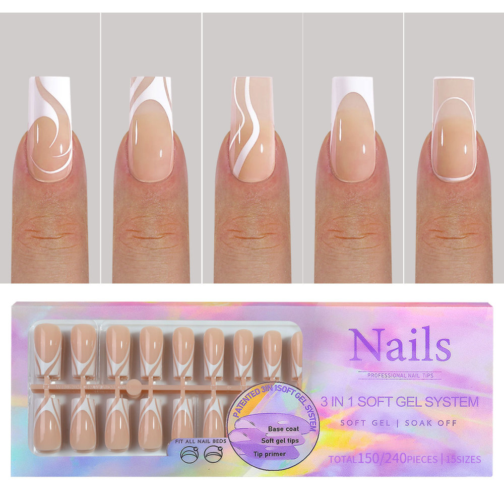 Sheer Nude Soft Gel French Press-On Nail Tips with Wave Design