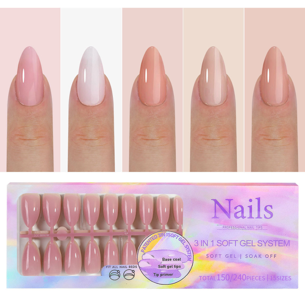 3-in-1 Soft Gel Nail Tips with 15 Sizes and 8 Shapes for Press-On Nails