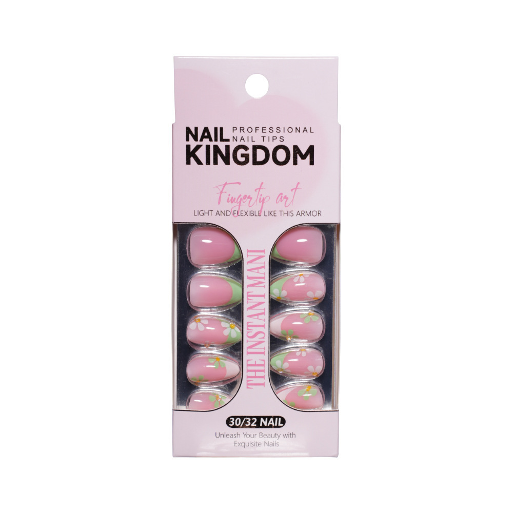 Medium Almond French Floral Press-On Nails with 15 Sizes and Soft ABS Material