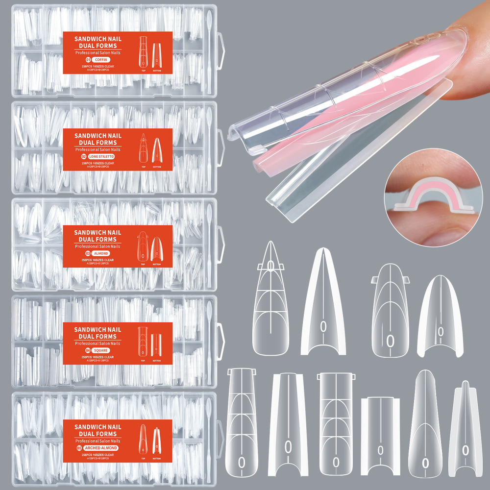 256Pcs Sandwich Dual Forms | C-Curve Guide Poly Gel Extension Molds, 5 Shapes