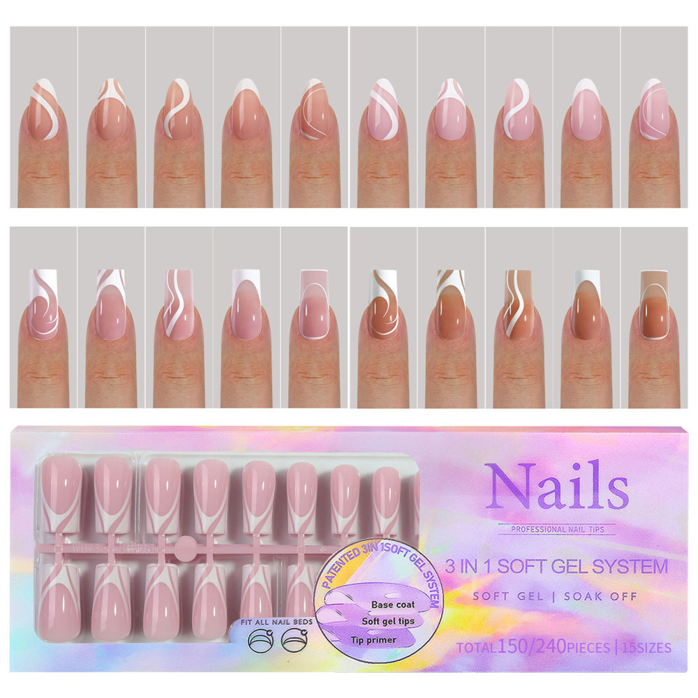 Sheer Nude Soft Gel French Press-On Nail Tips with Wave Design