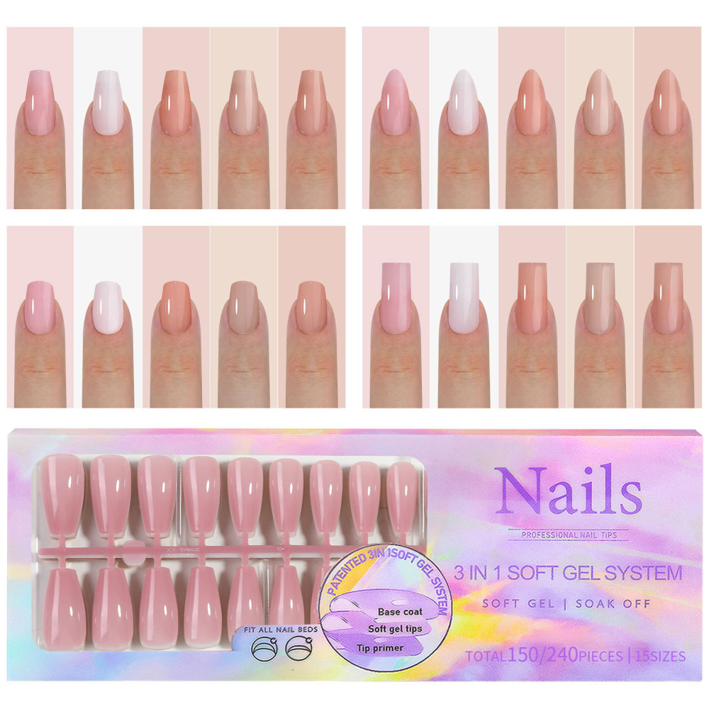 3-in-1 Soft Gel Nail Tips with 15 Sizes and 8 Shapes for Press-On Nails
