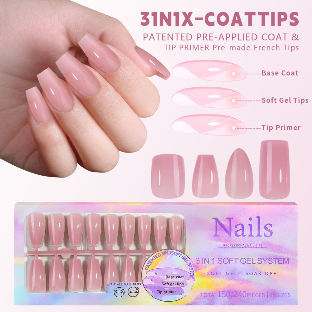 3-in-1 Soft Gel Nail Tips with 15 Sizes and 8 Shapes for Press-On Nails