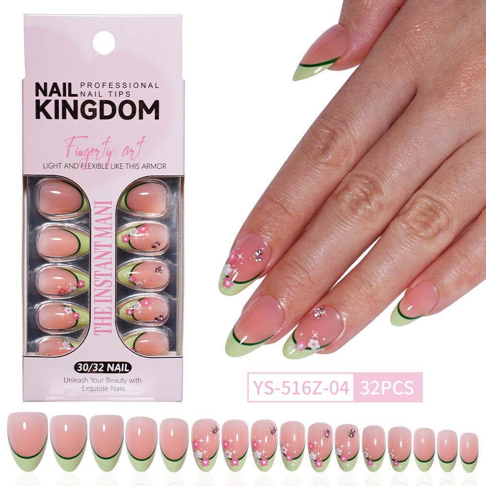 Medium Almond French Floral Press-On Nails with 15 Sizes and Soft ABS Material
